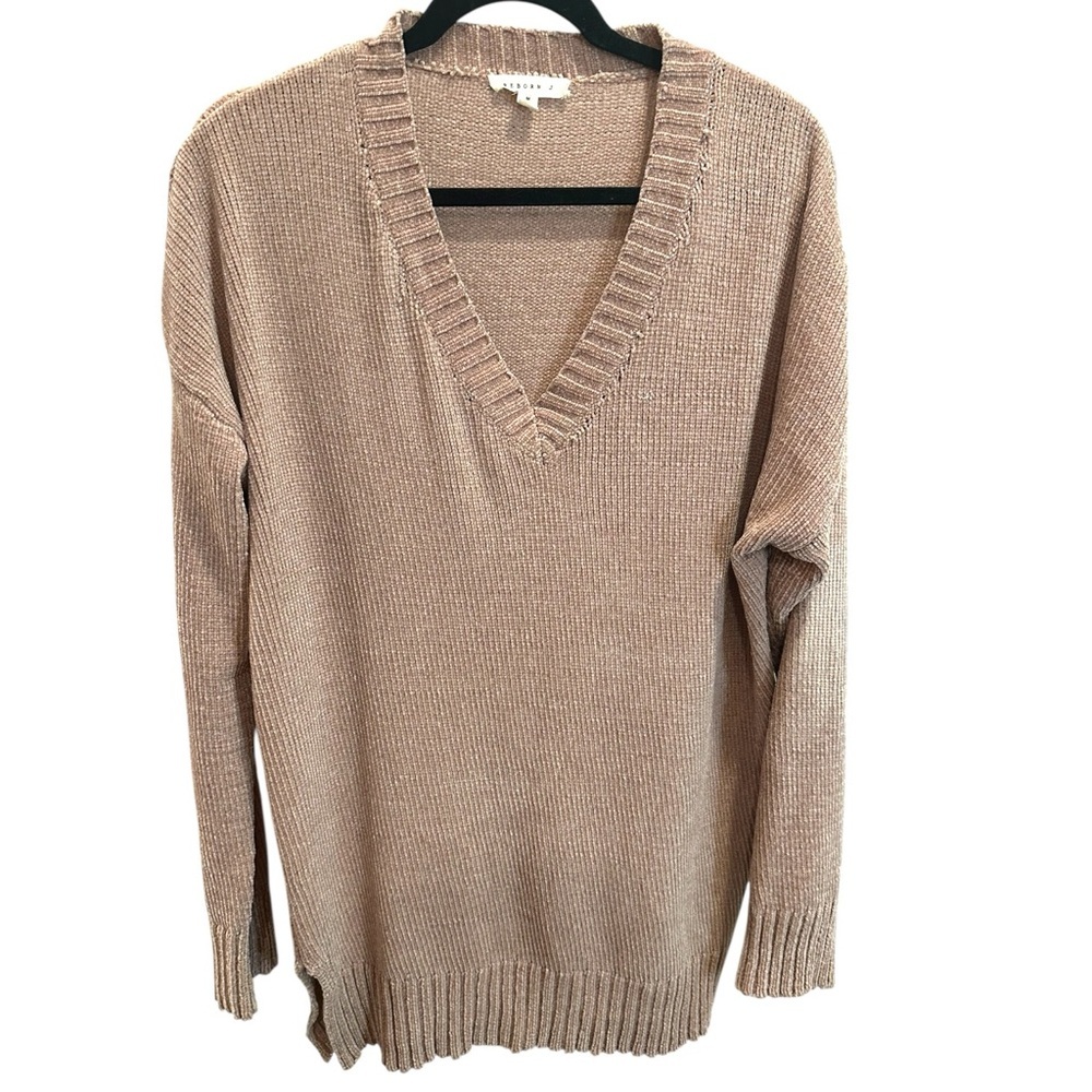 Reborn J Tan V-Neck Sweater with Ribbed Detailing